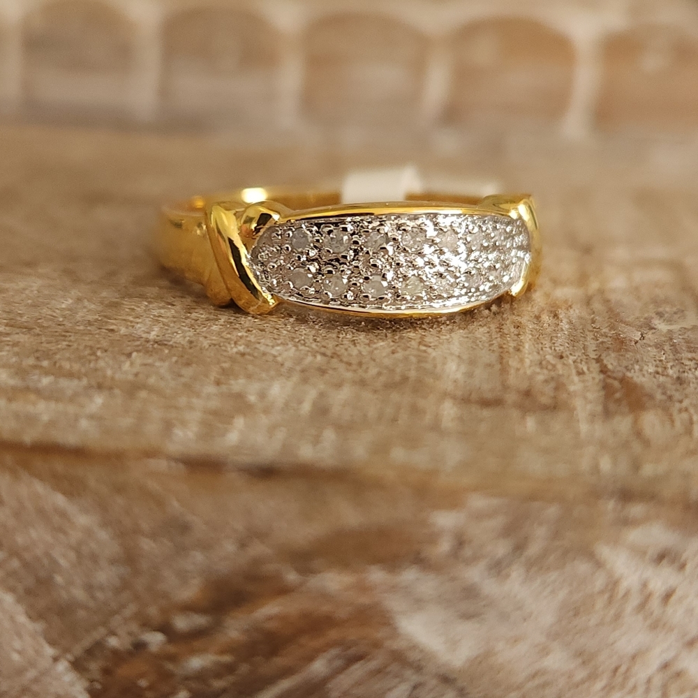 New 14K Yellow Gold Plated Sterling Silver Diamond Pave Ring  .925